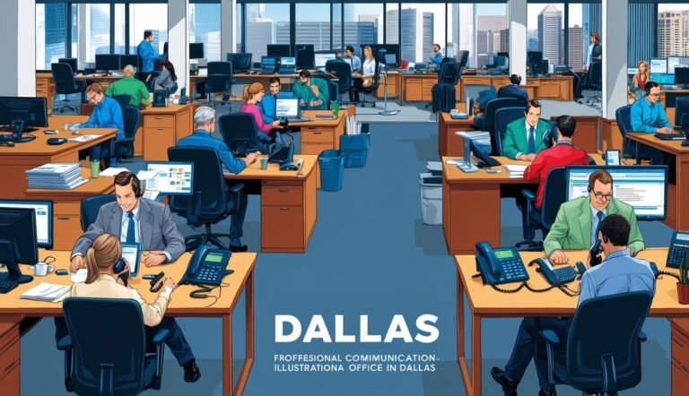 Illustration of a busy office in Dallas, with people working at desks
