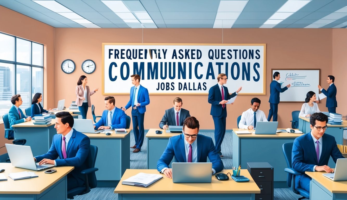 A bustling office with people talking and typing at their desks, while a prominent "Frequently Asked Questions Communications Jobs Dallas" sign hangs on the wall