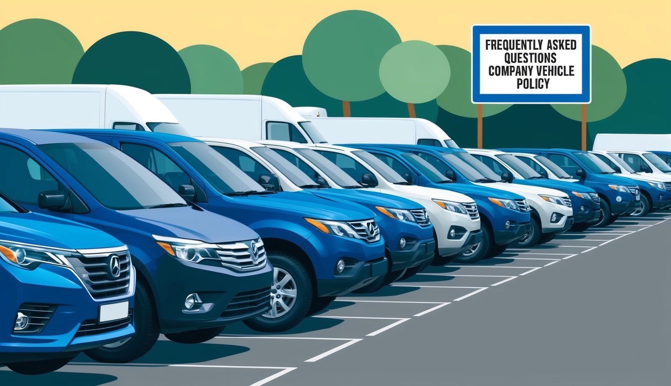 A row of company vehicles parked neatly in a lot, with a sign displaying "Frequently Asked Questions Company Vehicle Policy" in the background