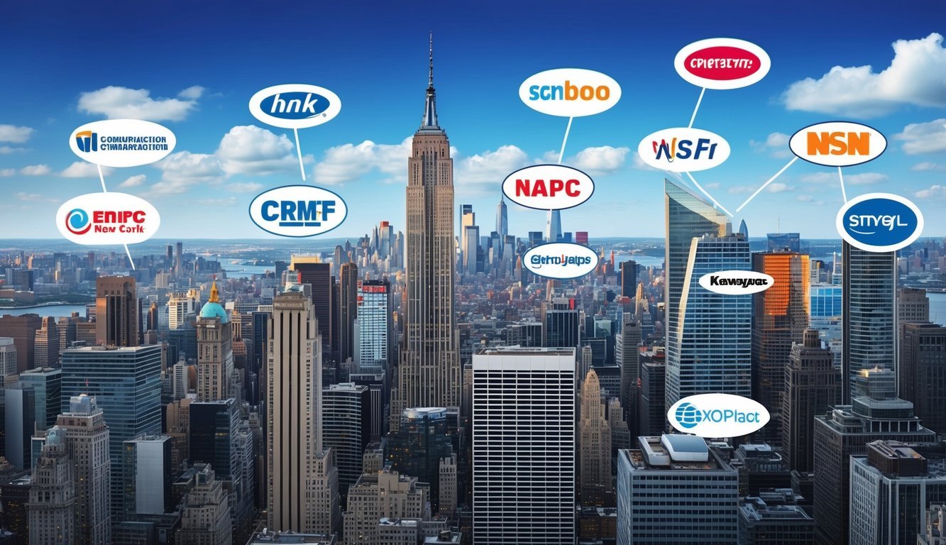 A bustling New York City skyline with various communication company logos displayed on skyscrapers