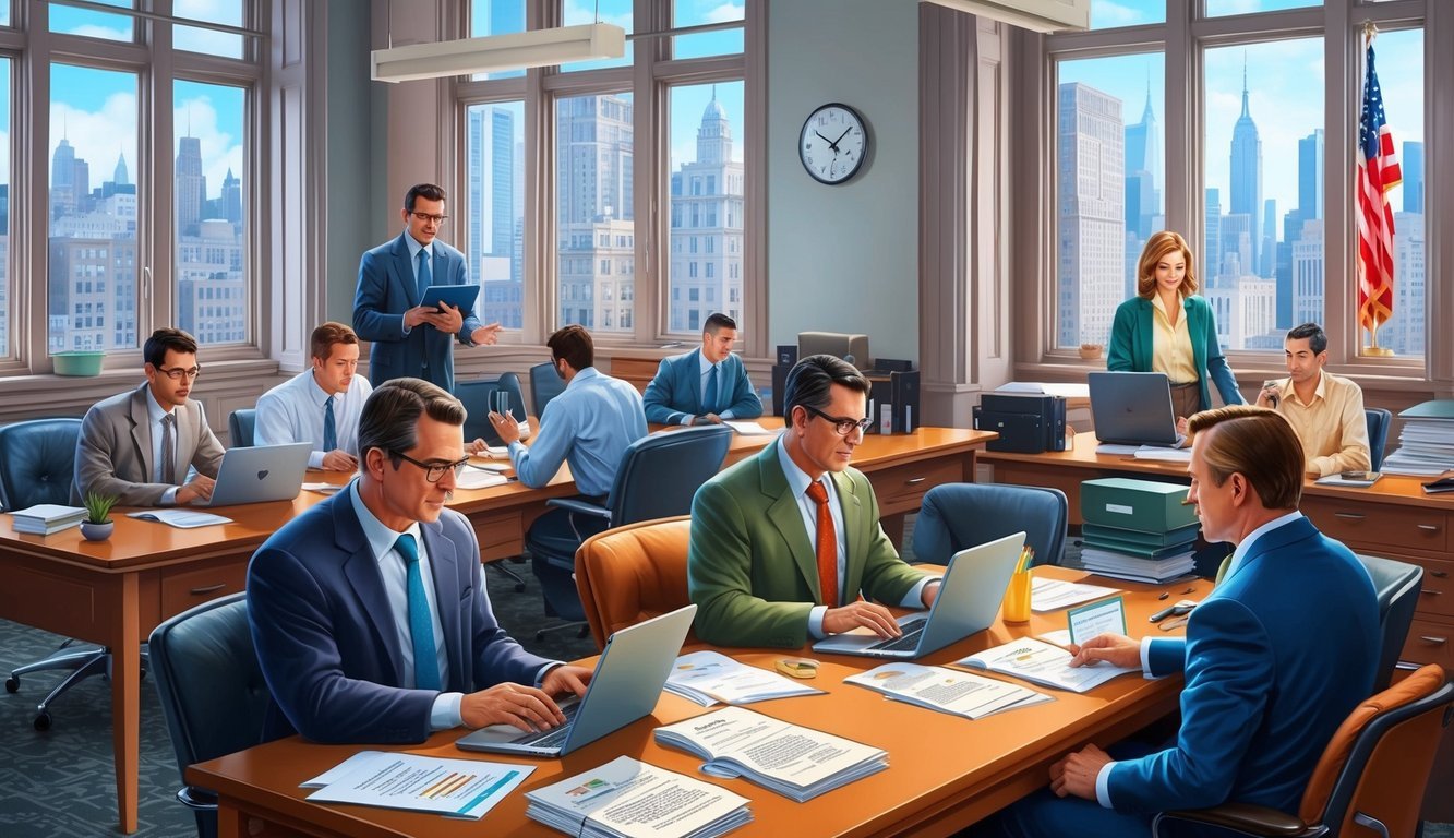 A bustling New York office with people communicating and working on FAQ documents