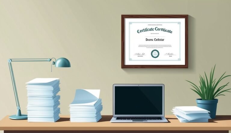 Desk with laptop, certificate, stacks of paper, lamp, and plant