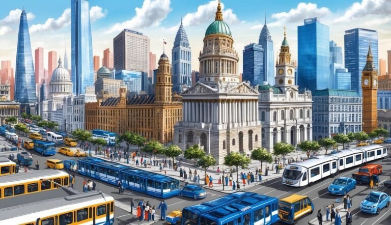 Cityscape with trams, buses, cars, and people, featuring government buildings and skyscrapers