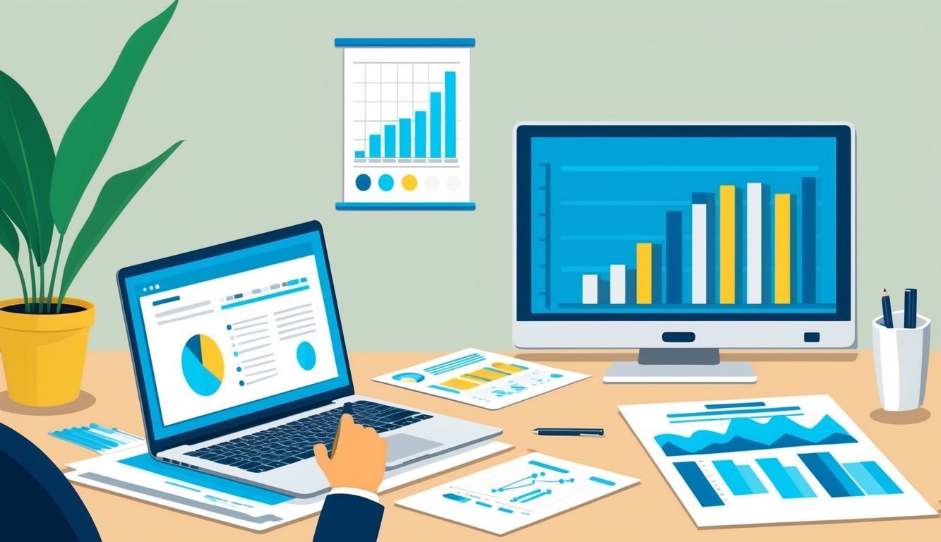 Desk with laptop, monitor, charts, and graphs, representing data analysis