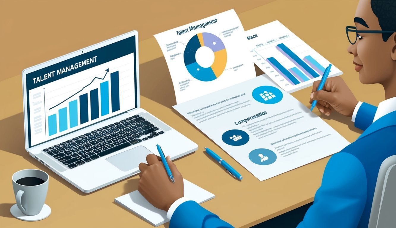 An office desk with a laptop, pen, and paper.</p><p>A chart showing talent management and compensation.</p><p>A thoughtful expression on the face of the person sitting at the desk