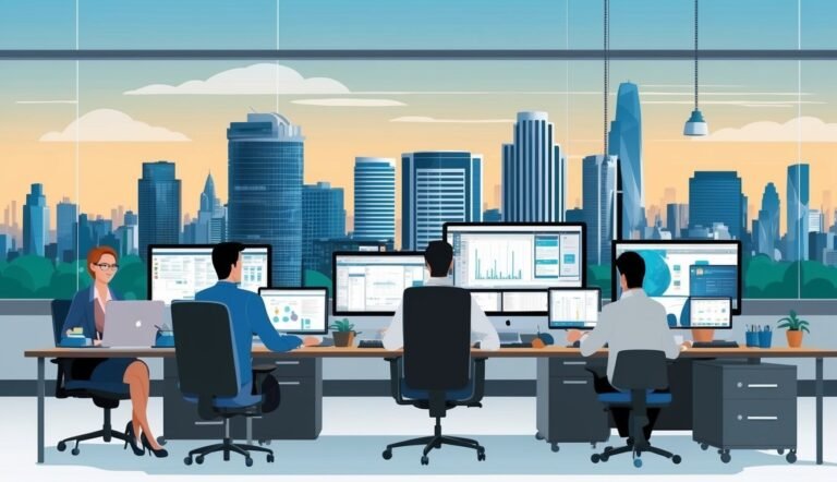 Office workers at desks with computers, city skyline in background
