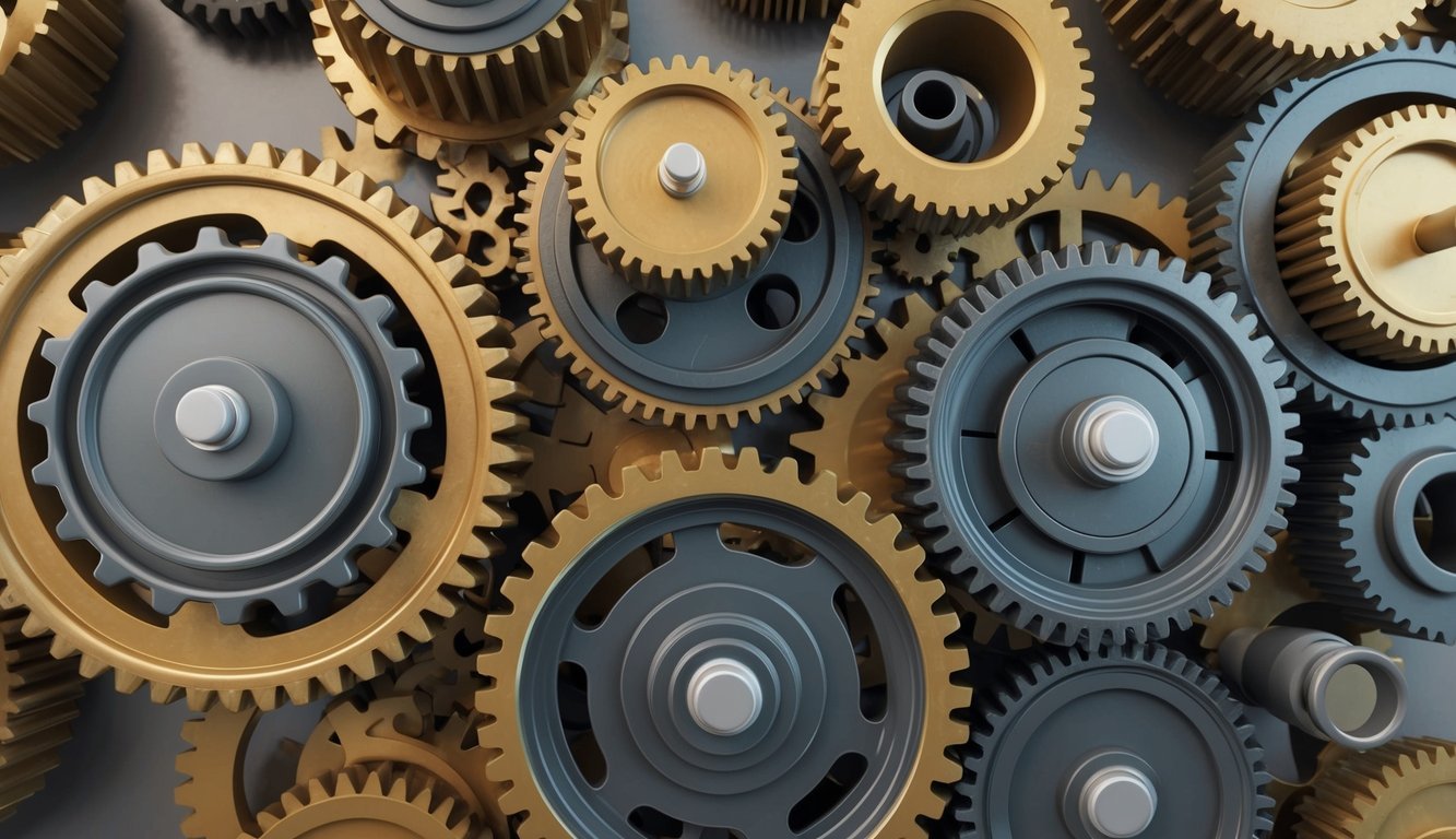 A group of gears interlocking and turning, symbolizing the complex and evolving nature of compensation systems