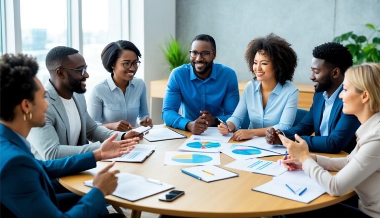 Diverse group of business people in a meeting around a round table