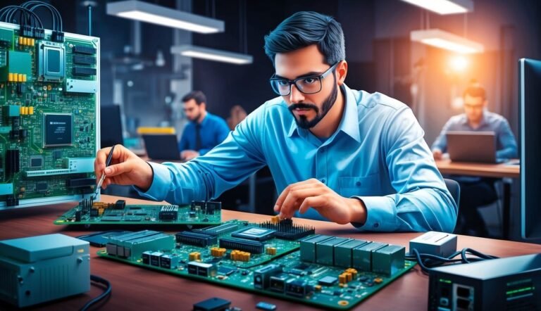Man working on circuit boards in a tech lab, other workers in background