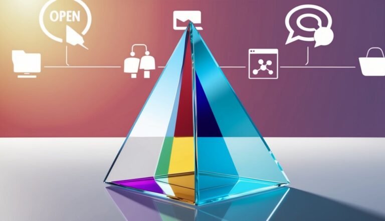 Colorful glass pyramid with digital icons on a gradient background