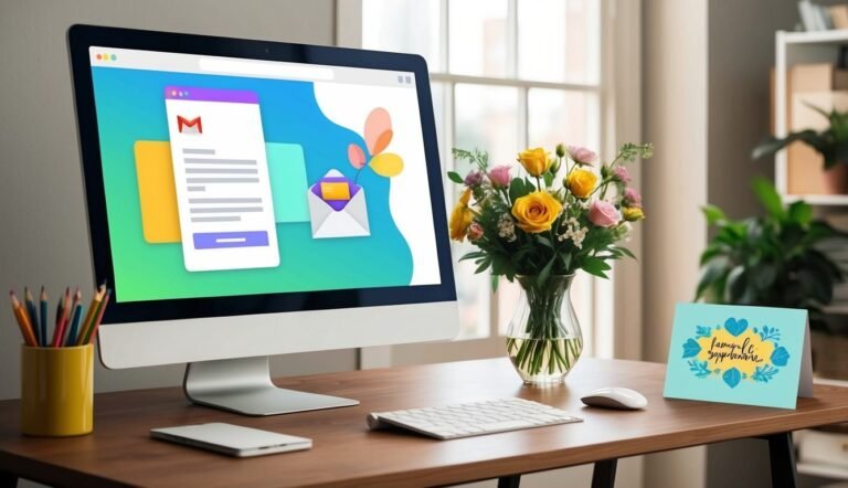 Computer with Gmail interface, flowers, and a card on a wooden desk