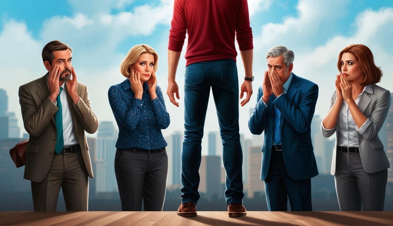 A large figure stands over a group of worried business people