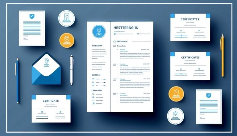 Resume and certificate icons with pens on a blue background