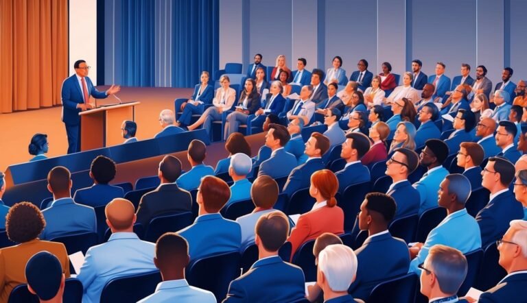 Speaker at podium addressing a large audience in a conference hall