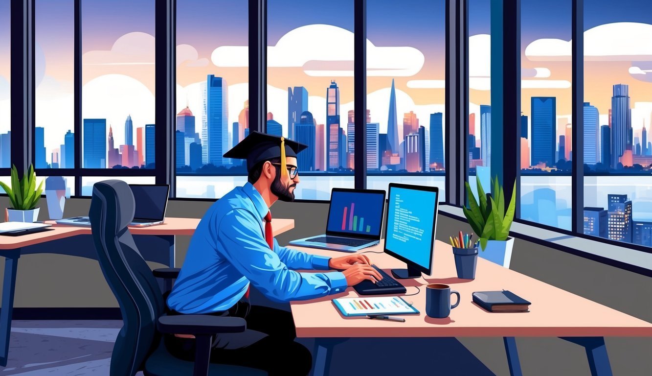 Man in graduation cap coding at a desk with city view