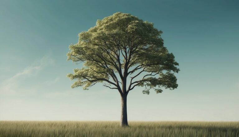 A solitary tree stands in a field with a blue sky background