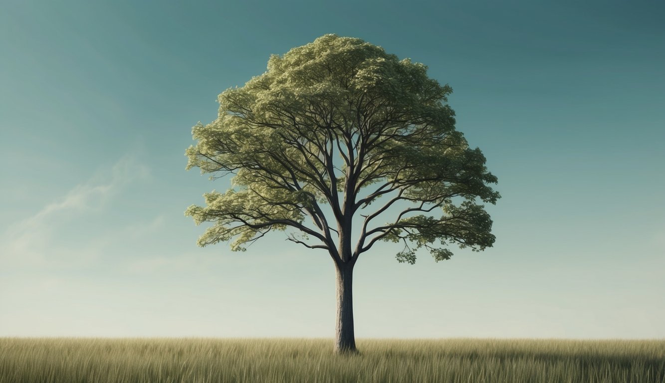 A solitary tree stands in a field with a blue sky background