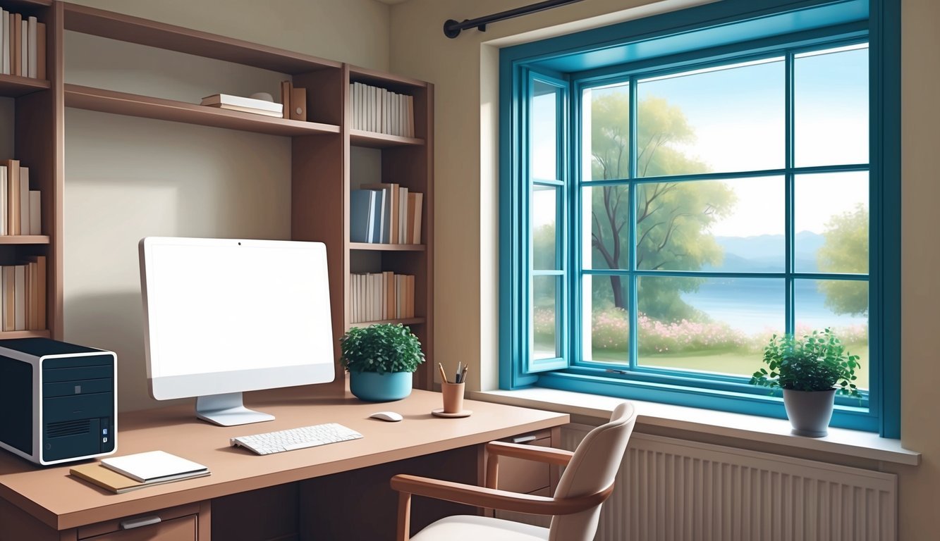 A cozy home office with a computer, desk, and bookshelves.</p><p>A large window overlooks a peaceful outdoor scene