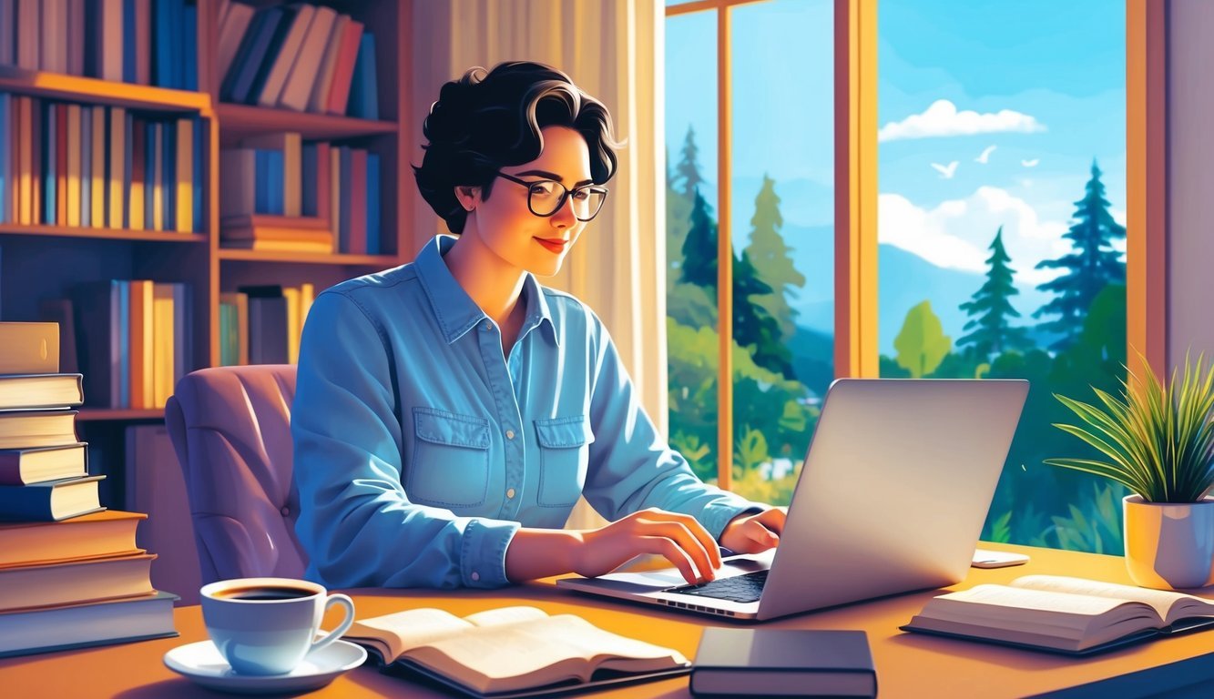 A person working on a laptop in a cozy home office, surrounded by books and a cup of coffee, with a view of nature outside the window