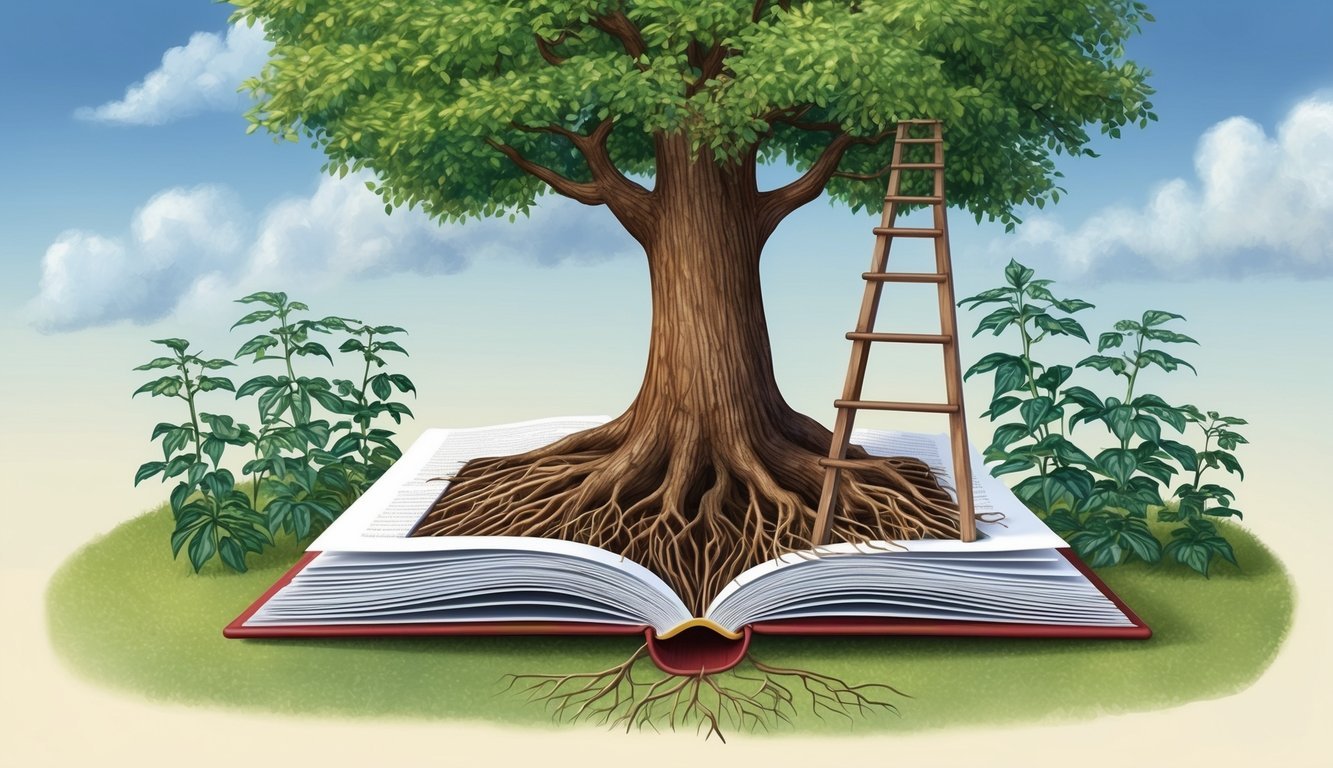 A tree with roots reaching into a book, surrounded by growing plants and a ladder reaching towards the sky