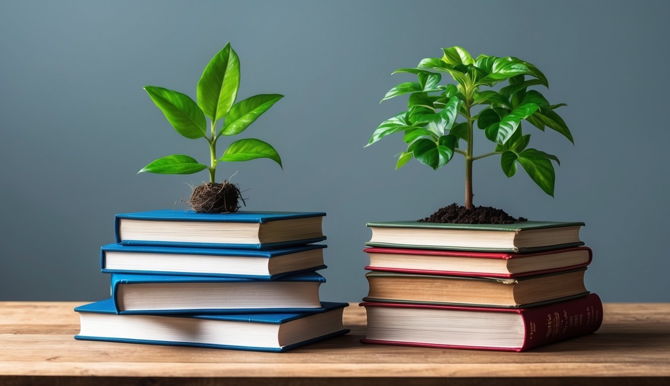 A stack of books and a growing plant symbolize continuous learning and development