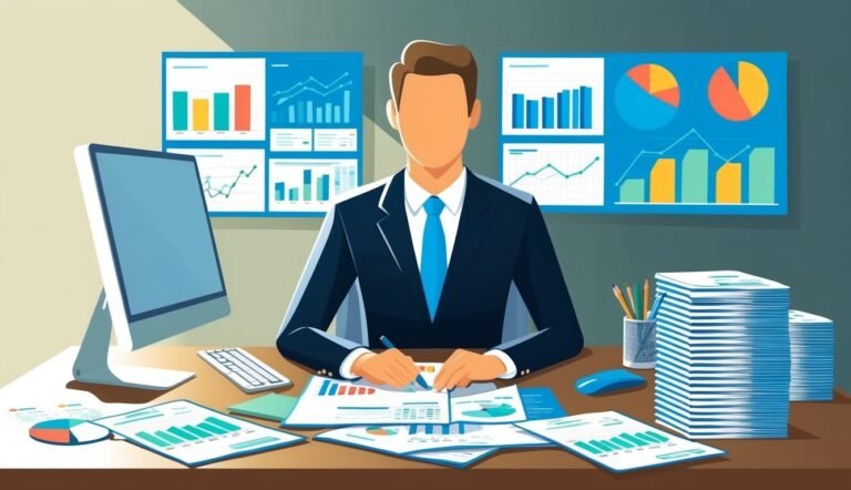 Businessman at desk with charts, graphs, and computer monitor