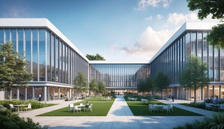 Modern office building with glass walls, courtyard, and outdoor seating