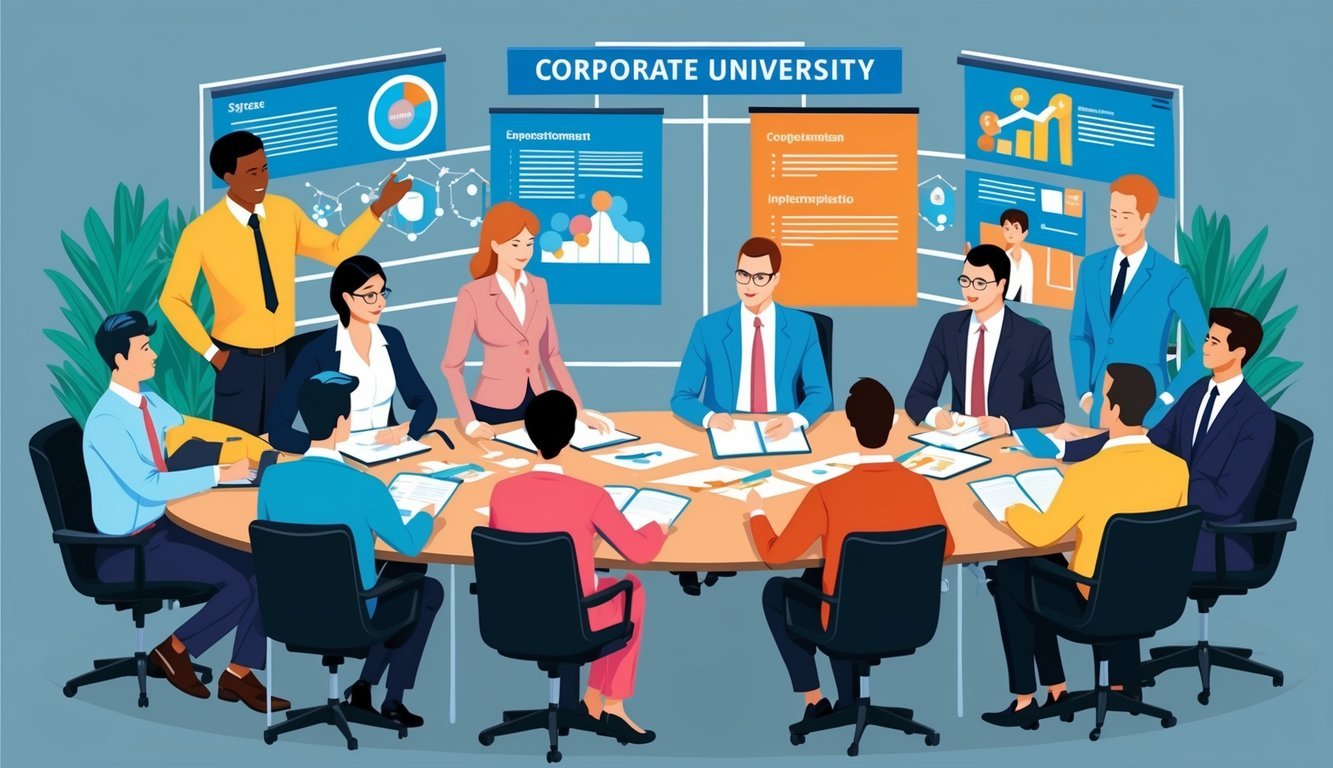 A group of people in a corporate setting, engaged in strategic planning and implementation for a corporate university