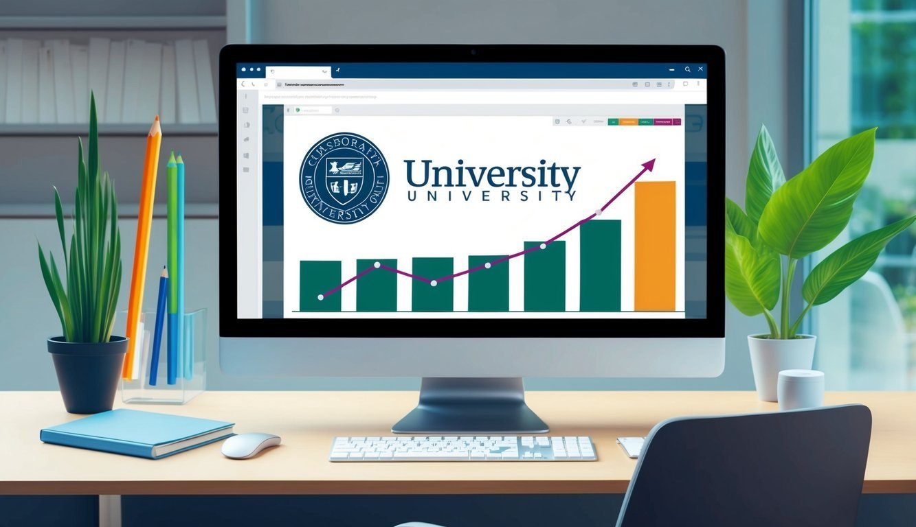 A corporate university logo displayed on a computer screen with a chart showing increasing ROI over time