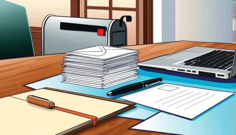 Desk with laptop, stack of letters, pen, and mailbox in the background
