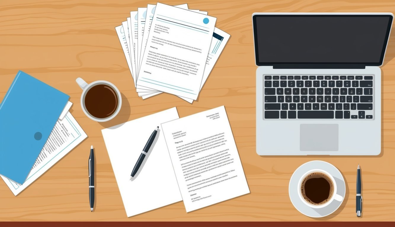 A desk with a laptop, pen, and paper.</p><p>A stack of cover letter examples and a cup of coffee sit nearby