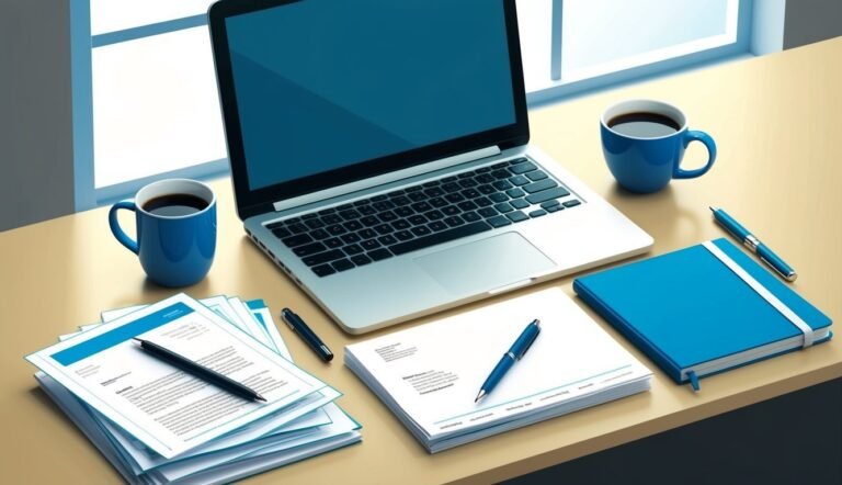 Laptop, documents, coffee cups, and notebook on a desk by a window