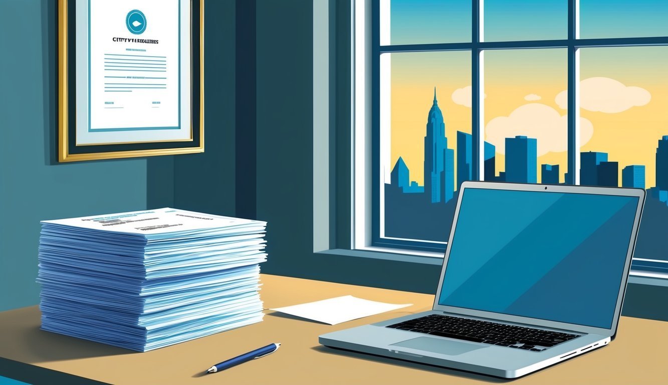 Laptop, papers, and city skyline view from an office window
