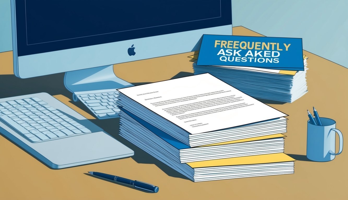 A desk with a computer, a stack of papers, and a pen.</p><p>A "Frequently Asked Questions" cover letter for an internal position is on top of the pile