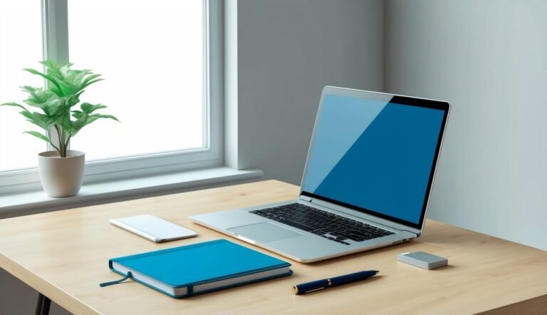 Laptop, notebook, pen, and plant on a wooden desk by a window