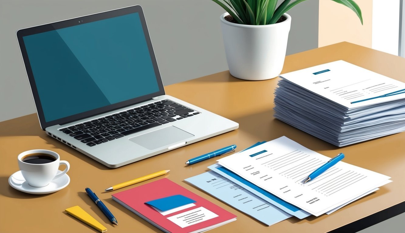 A desk with a laptop, pen, and notepad.</p><p>A stack of resumes and cover letters.</p><p>A cup of coffee and a potted plant in the background