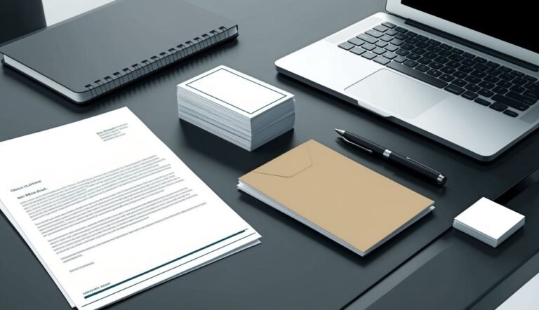 Laptop, notepad, letter, business cards, pen, and envelope on a desk