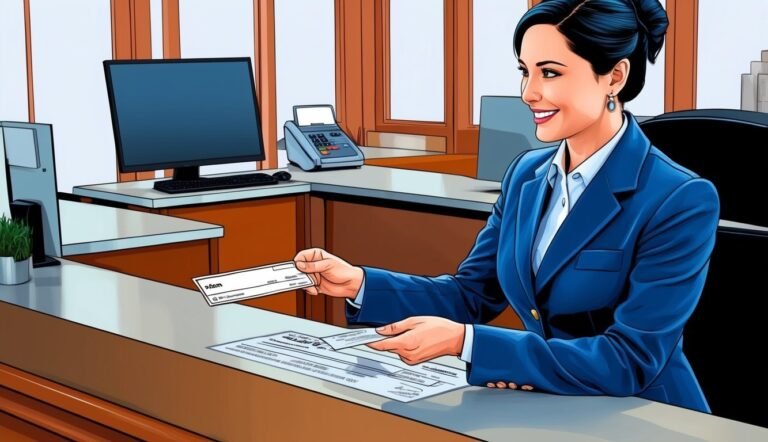Smiling woman in blue suit handing a check at an office desk