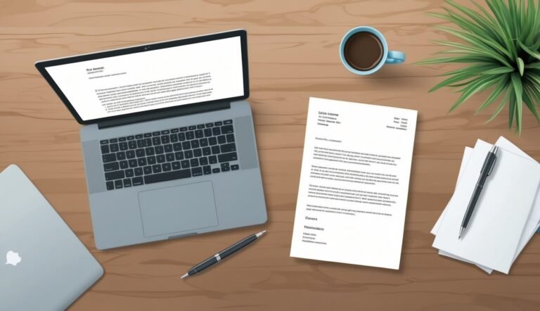 Laptop, documents, pen, and coffee cup on a wooden desk