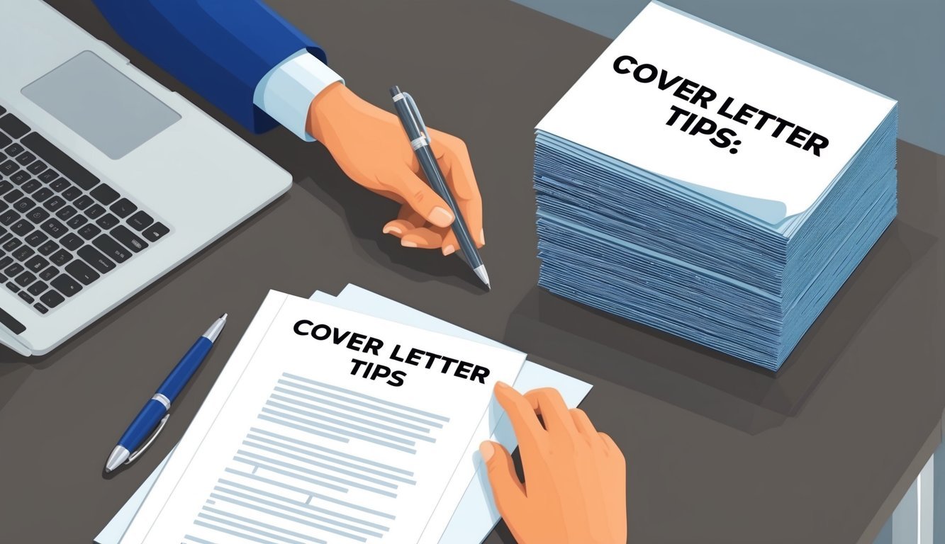 A desk with a laptop, pen, and paper.</p><p>A hand reaching for a stack of papers labeled "Cover Letter Tips."