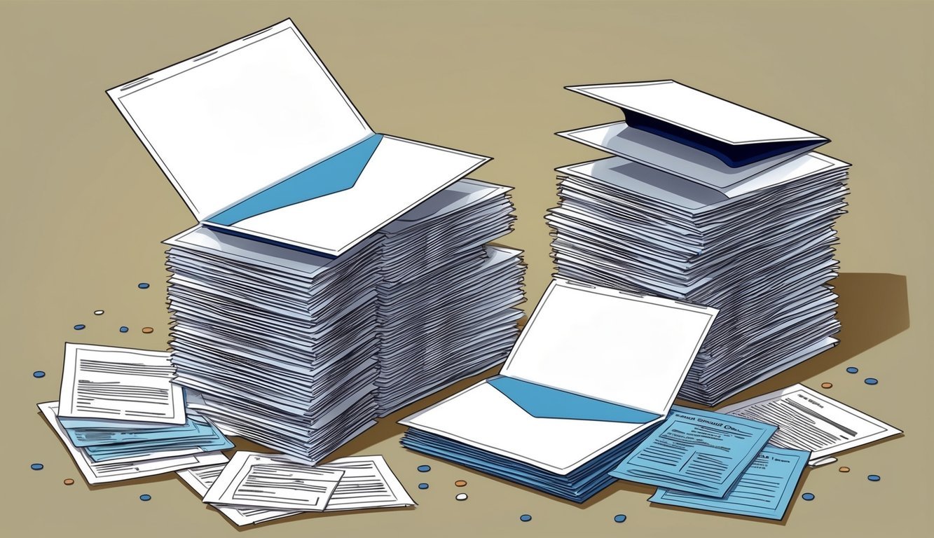 A stack of open envelopes with cover letters spilling out, surrounded by a pile of frequently asked questions documents