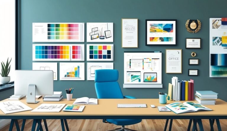 Modern office desk with computer, color swatches, and design inspiration