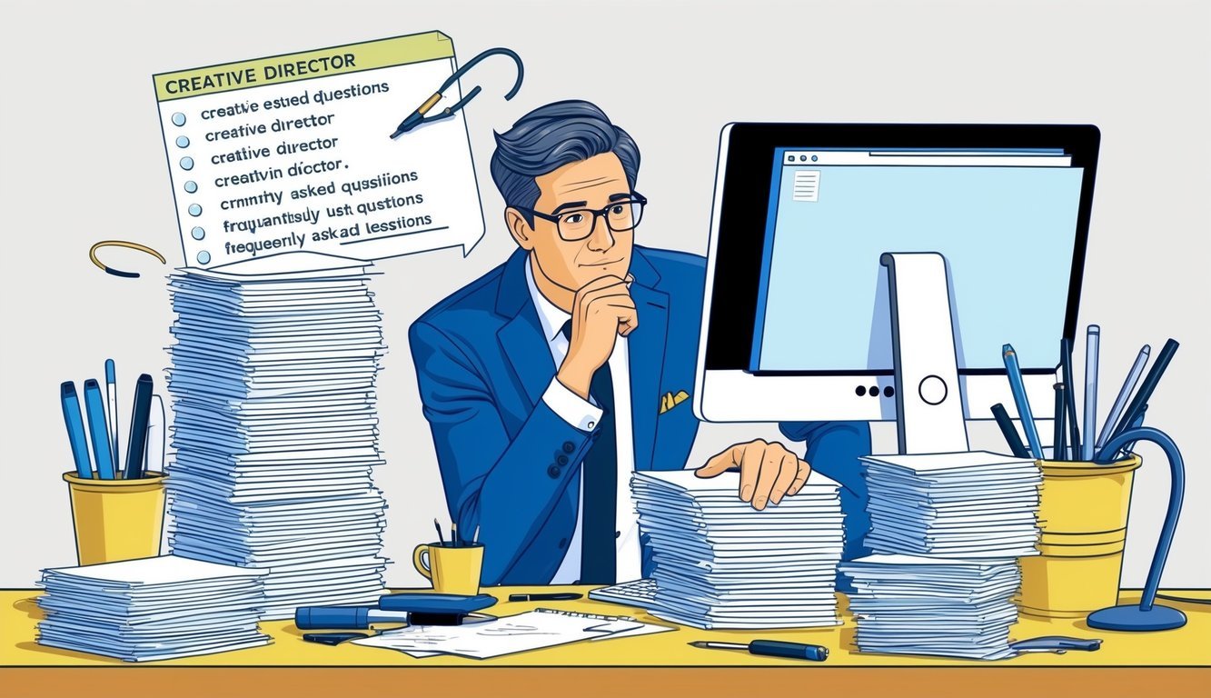 A creative director surrounded by a stack of papers, a computer, and various design tools, pondering over a list of frequently asked questions