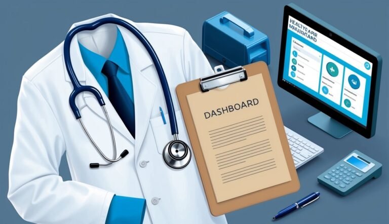 Doctor's coat, stethoscope, clipboard, computer screen, and medical equipment