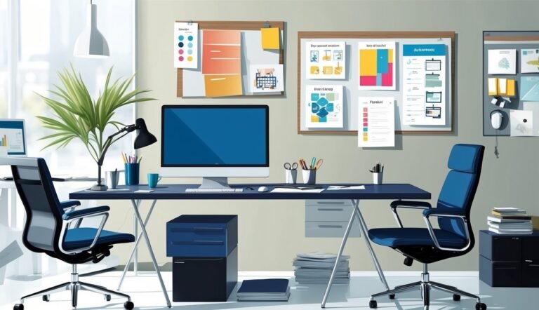 Modern office with two blue chairs, desk, computer, and mood boards