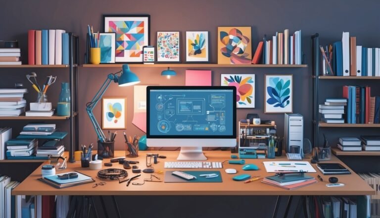 Cozy home office with computer, desk, shelves, books, and artwork