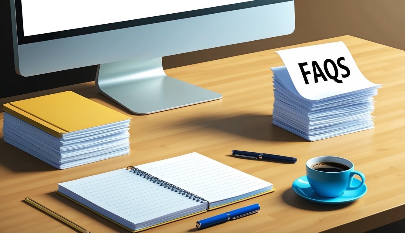 A desk with a computer, notebook, and pen.</p><p>A stack of papers labeled "FAQs" sits next to a cup of coffee