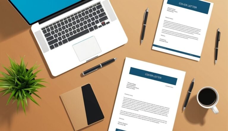 Laptop, cover letters, pens, and coffee cup on a brown desk