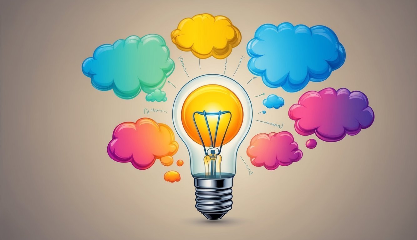 Lightbulb with colorful thought bubbles representing ideas