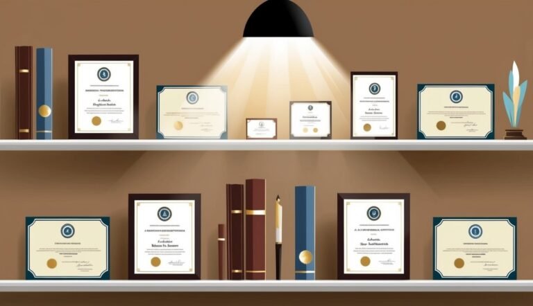 Shelves with framed certificates, books, and a lamp shining down